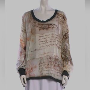 RARE NWT THE PEOPLE OF THE LABYRINTHS GRAPHIC SILK TOP BLOUSE SHEER LARGE